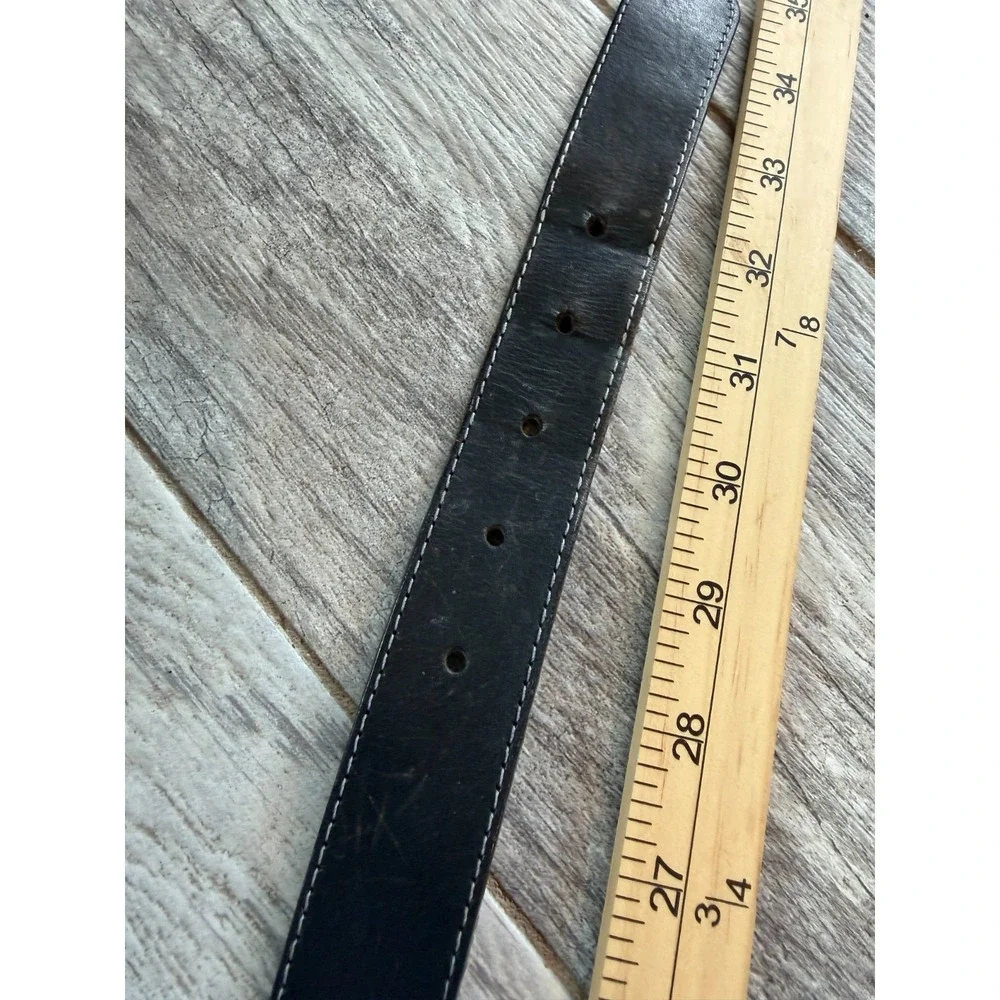 Genuine Leather Belt Black size Medium USA Twisted Buckle‎ Brasstone Vtg Western